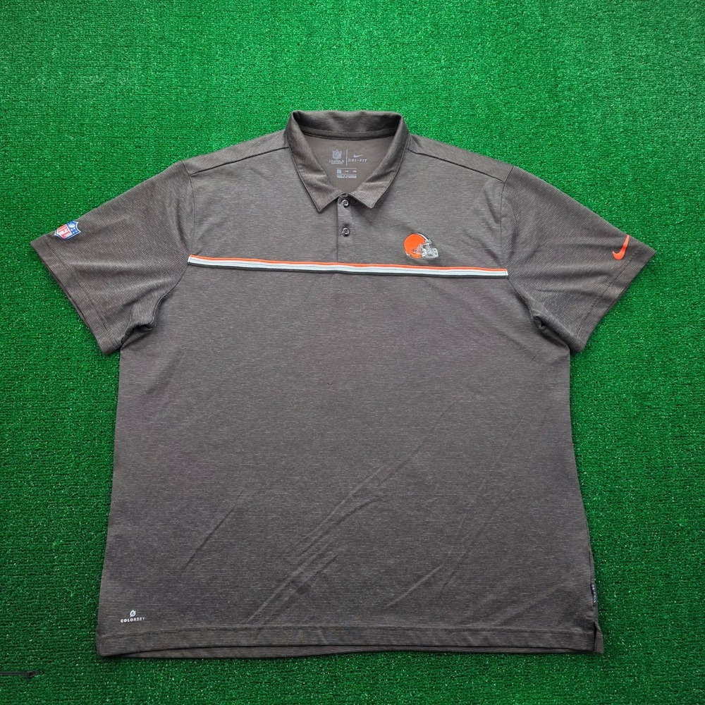 Cleveland Browns Nike Dri Fit Onfield Polo Shirt Mens 2XL Brown Striped NFL